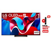 Vista frontal con LG OLED evo AI TV, OLED C4, 11 años del logotipo OLED Emblem número 1 del mundo y logotipo de webOS Re:New Program en pantalla