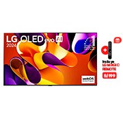Vista frontal con LG OLED evo AI TV, OLED G4, 11 años del OLED Emblem número 1 del mundo y logotipo de webOS Re:New Program en pantalla