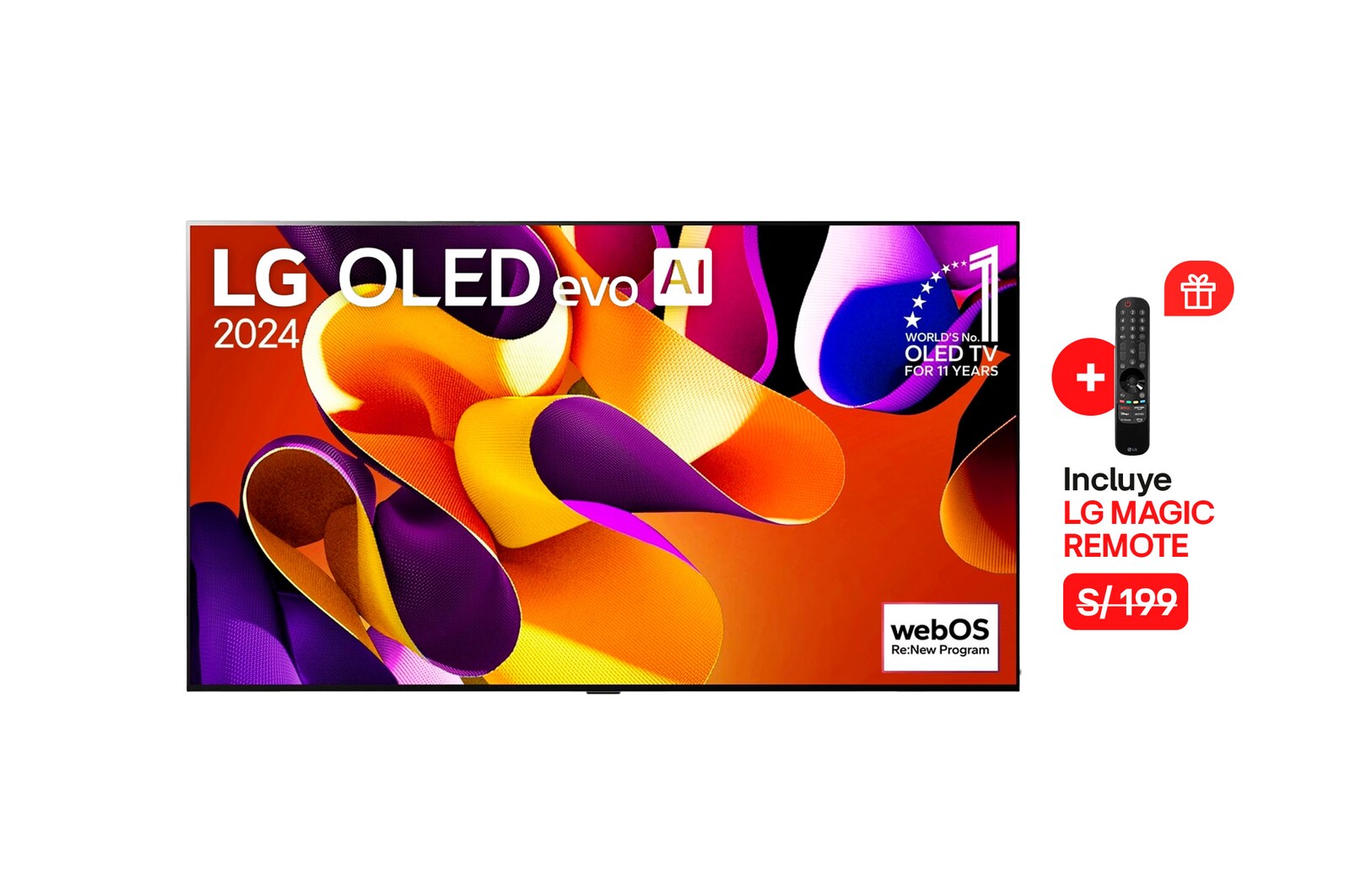 Vista frontal con LG OLED evo AI TV, OLED G4, 11 años del OLED Emblem número 1 del mundo y logotipo de webOS Re:New Program en pantalla