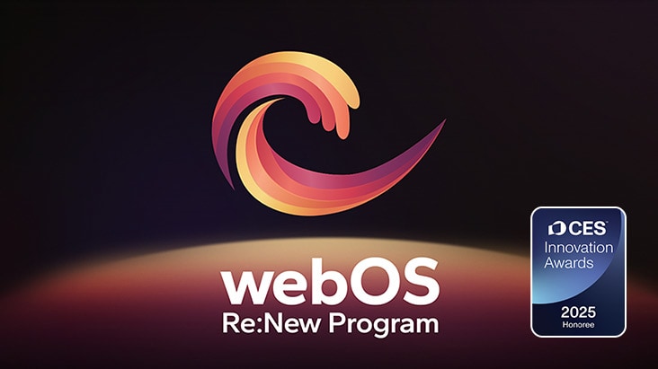 Gráfico promocional del programa webOS Re:New, con su colorido logotipo y una insignia del premio a la innovación CES 2025. El texto destaca las actualizaciones anuales durante 5 años y la seguridad mejorada gracias a webOS.