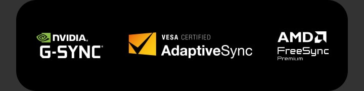 Logotipos de NVIDIA G-SYNC, certificación VESA AdaptiveSync™, AMD FreeSync Premium.