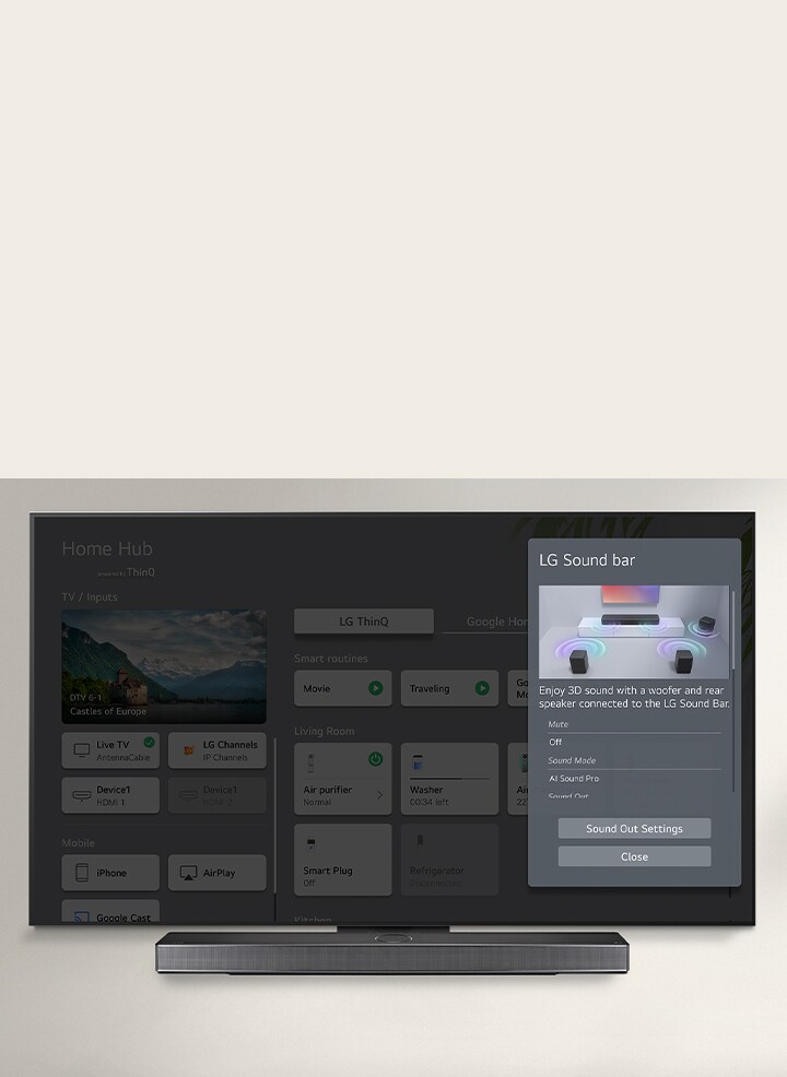 La LG Soundbar aparece debajo de una LG OLED TV. En la pantalla de la TV, se muestra la interfaz de usuario de control de volumen de la Soundbar y la TV. 