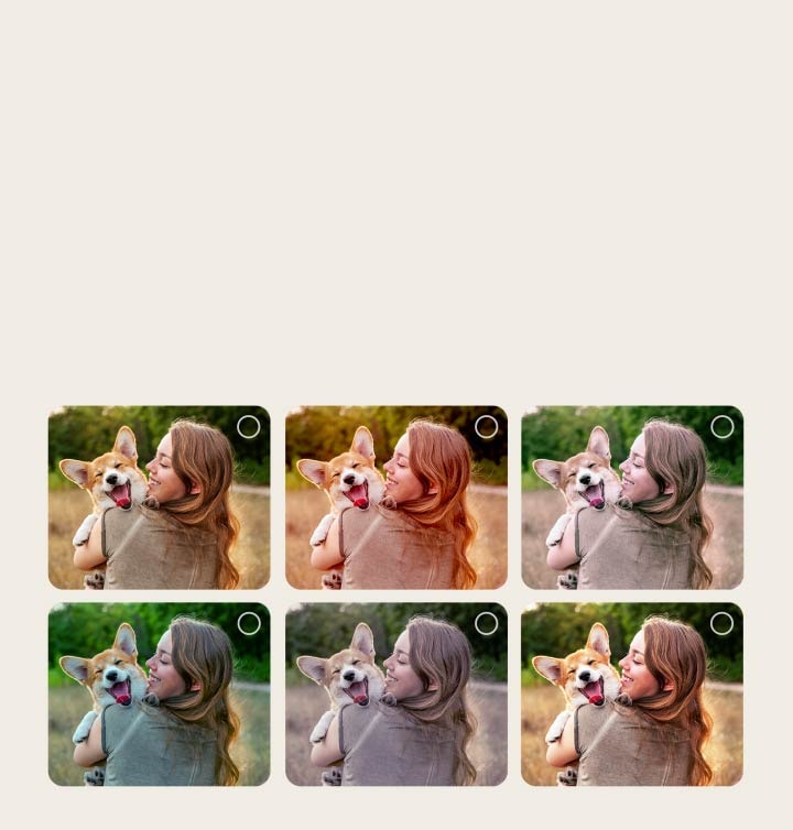 Pantalla de un usuario durante el proceso de personalización AI Picture Wizard. Se muestran varias imágenes en las que se destacan las selecciones del usuario. Aparece un ícono de carga y se muestra una imagen de un paisaje que va mejorando de izquierda a derecha. 