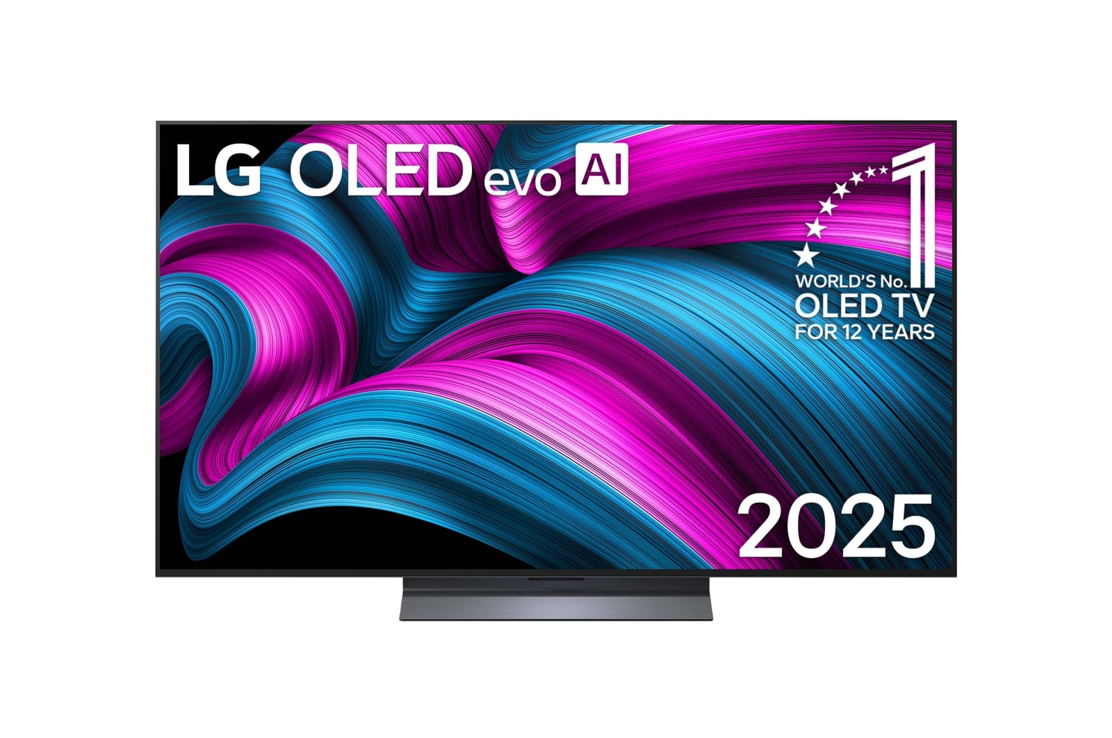 Front view of LG OLED evo  AI C5E 4K Smart TV. 12 Years of world number 1 OLED emblem and LG OLED evo AI 2025 logo are on the screen.