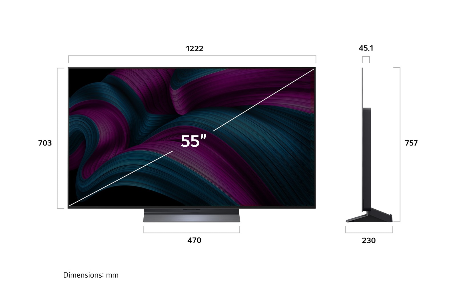 Front view and side view of LG OLED evo  AI C5E 4K Smart TV showing its length, width, height, and depth dimensions.