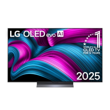Front view of LG OLED evo  AI C5E 4K Smart TV. 12 Years of world number 1 OLED emblem and LG OLED evo AI 2025 logo are on the screen.