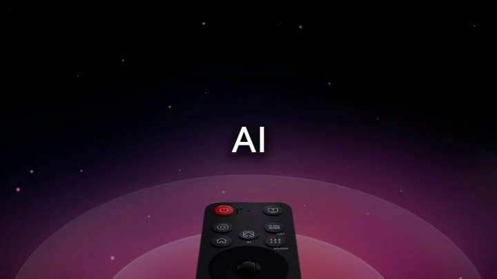 LG AI Magic Remote con el botón de IA resaltado. Hay una representación gráfica de la interfaz de usuario con íconos sobre cómo el botón de IA permite a los usuarios acceder a diferentes funcionalidades con IA. Los servicios incluyen AI Voice ID, AI Search, AI Chatbot, AI Concierge, AI Picture Wizard y AI Sound Wizard. Luego se muestra la funcionalidad cuando el cursor aparece sobre una interfaz, mostrando cómo se puede usar la cámara remota como ratón aéreo para simplemente apuntar y hacer clic.