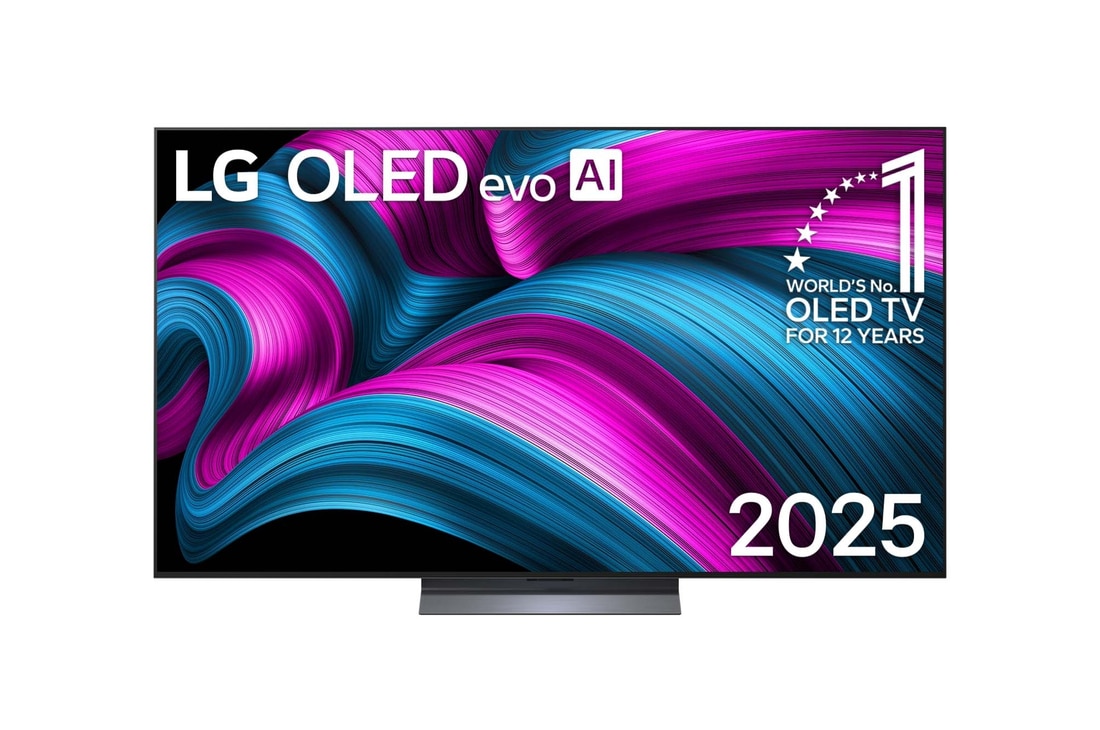 Front view of LG OLED evo  AI C5E 4K Smart TV. 12 Years of world number 1 OLED emblem and LG OLED evo AI 2025 logo are on the screen.