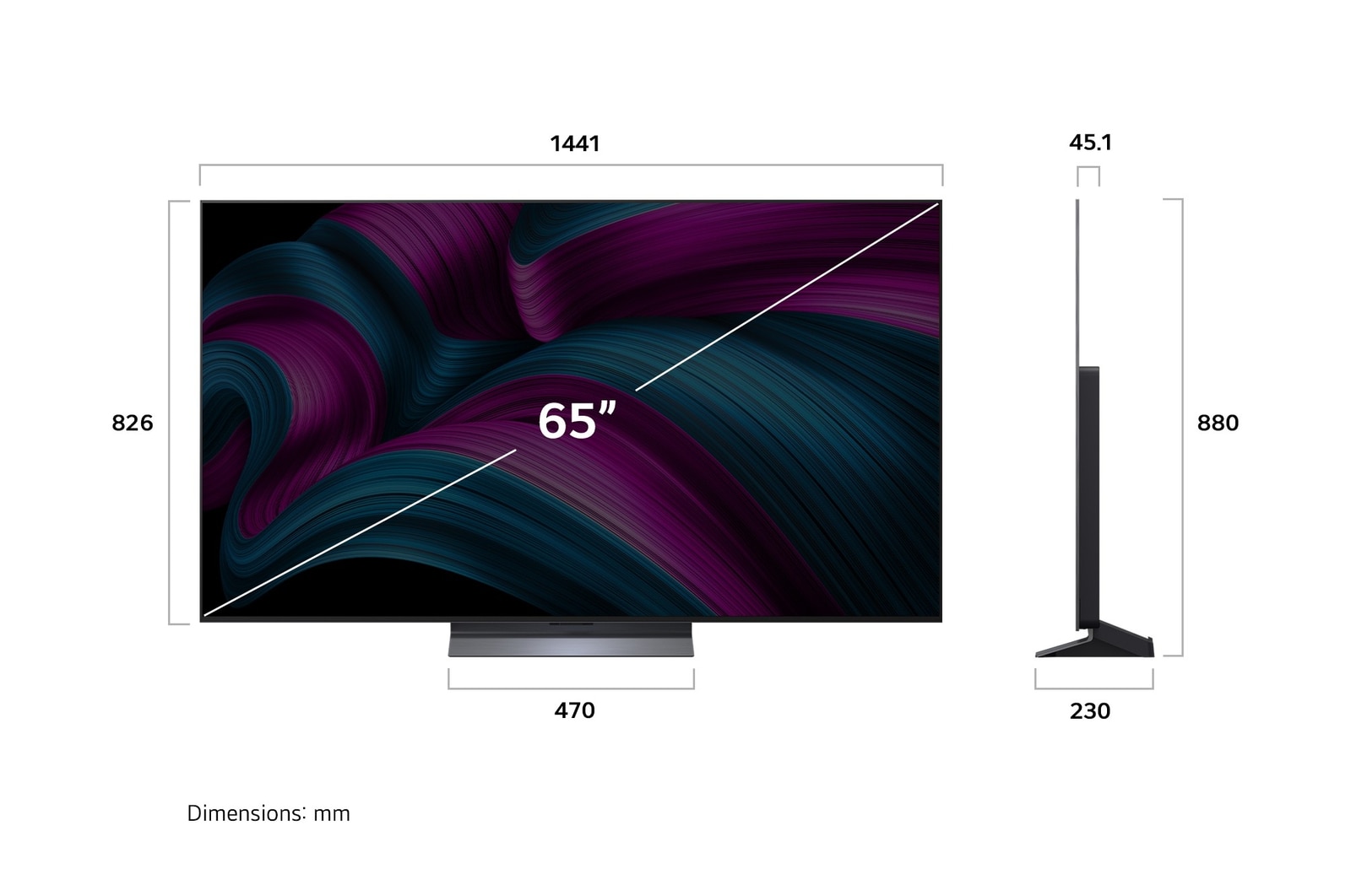 Front view and side view of LG OLED evo  AI C5E 4K Smart TV showing its length, width, height, and depth dimensions.