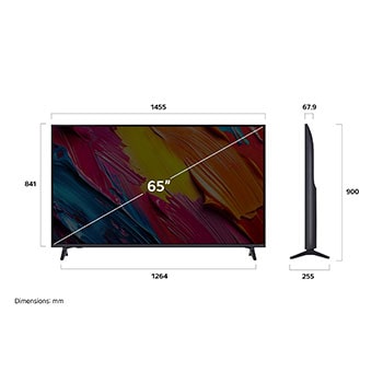 Front view and side view of LG QNED AI QNED70 4K Smart TV showing its length, width, height, and depth dimensions.