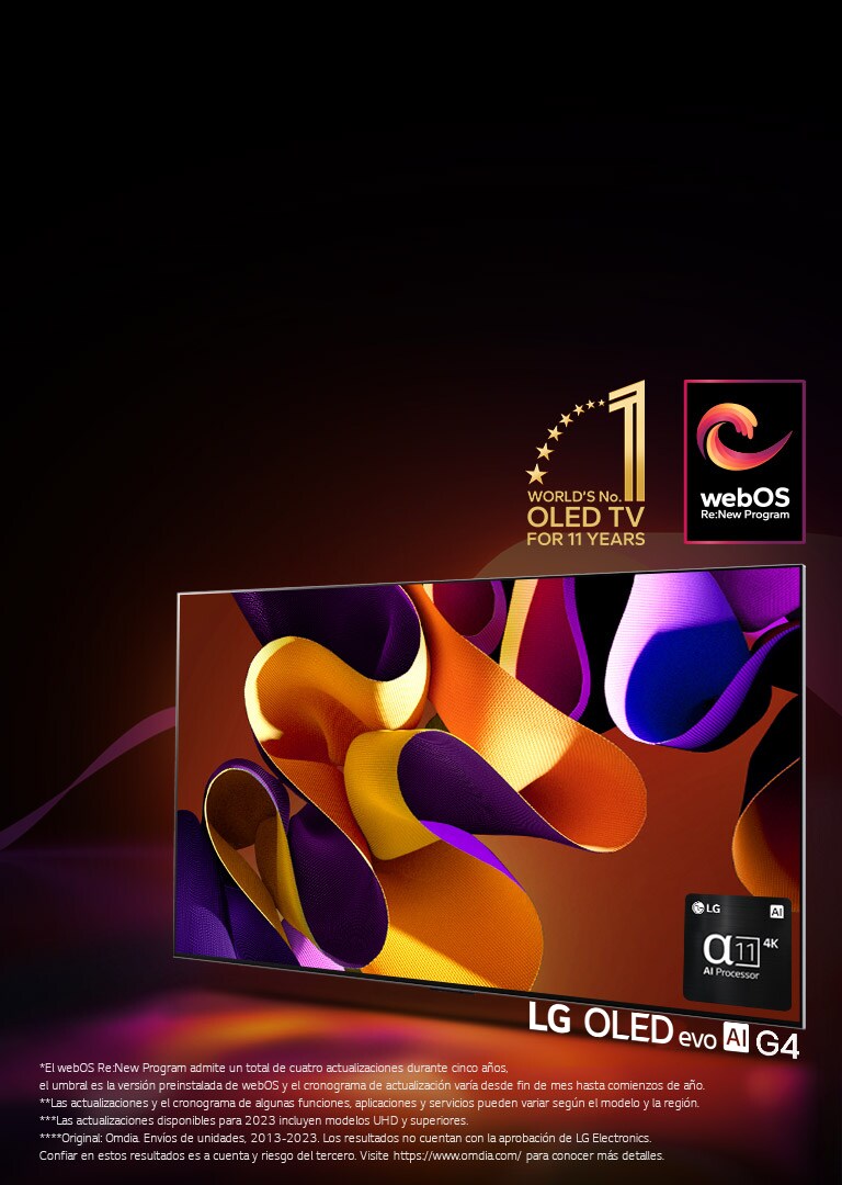 Imagen de un TV LG OLED evo G4 con una imagen abstracta y colorida sobre un fondo negro con espirales de colores sutiles en la pantalla. La luz de pantalla crea sombras coloridas. El procesador 11 AI Processor 4K en la esquina inferior derecha de la pantalla del TV. En la imagen se muestran el emblema "World's number 1 OLED TV for 11 Years" y el logotipo "webOS Re:New Program". Un aviso legal que dice: “El webOS Re:New Program admite un total de cuatro actualizaciones durante cinco años, el umbral es la versión preinstalada de webOS y el cronograma de actualización varía desde fin de mes hasta comienzos de año”. “Las actualizaciones y el cronograma de algunas funciones, aplicaciones y servicios pueden variar según el modelo y la región”. “Las actualizaciones disponibles para 2023 incluyen modelos UHD y superiores”. "Original: Omdia. Envíos de unidades, 2013-2023. Los resultados no cuentan con la aprobación de LG Electronics. Confiar en estos resultados es a cuenta y riesgo del tercero. Visite https://www.omdia.com/ para conocer más detalles".