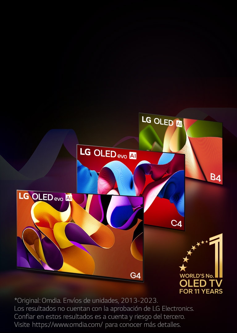 Imagen de unos TV LG OLED evo C4, evo G4 y B4 colocados uno junto a otro en línea sobre a un fondo negro con espirales de colores. El distintivo “World's No. 1 OLED TV for 11 Years” también aparece en la imagen.  Un aviso legal que dice: "Original: Omdia. Envíos de unidades, 2013-2023. Los resultados no cuentan con la aprobación de LG Electronics. Confiar en estos resultados es a cuenta y riesgo del tercero. Visite https://www.omdia.com/ para conocer más detalles".