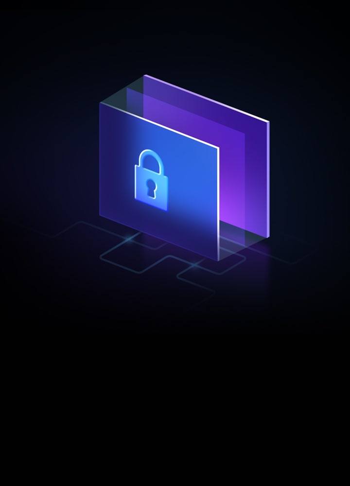 Neon graphics on a black background. Network Encryption shows a neon filing cabinet graphic with a padlock on.	