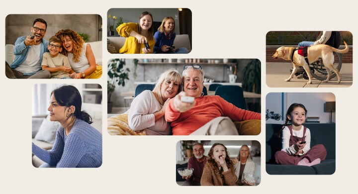 Grandparents pointing out with a remote zooms out to show a grid of seven images of different people and their lifestyles.	