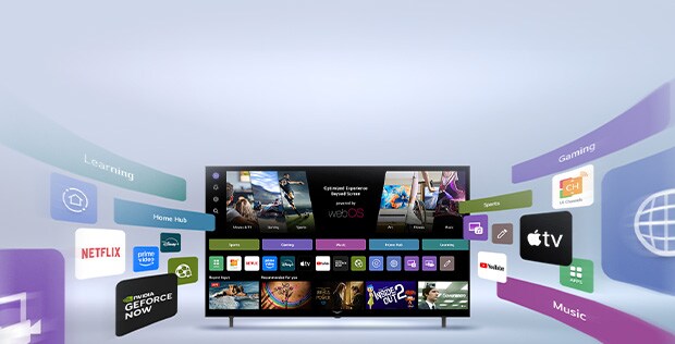 LG Smart TV displaying webOS home screen with entertainment apps and LG Channels UI elements dynamically expanding outward, highlighting 4,000+ global apps and channels.