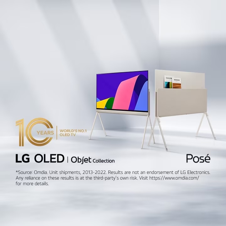 Two LG Posé TVs next to each other at a 45-degree angle, one seen from the front with colorful abstract artwork on-screen and one seen from the back showing off its versatile back. The 10 Years World's No.1 OLED TV emblem is also in the image.