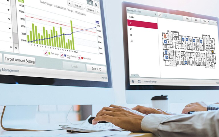 An Image of someone using dual monitors for seasonal energy management.