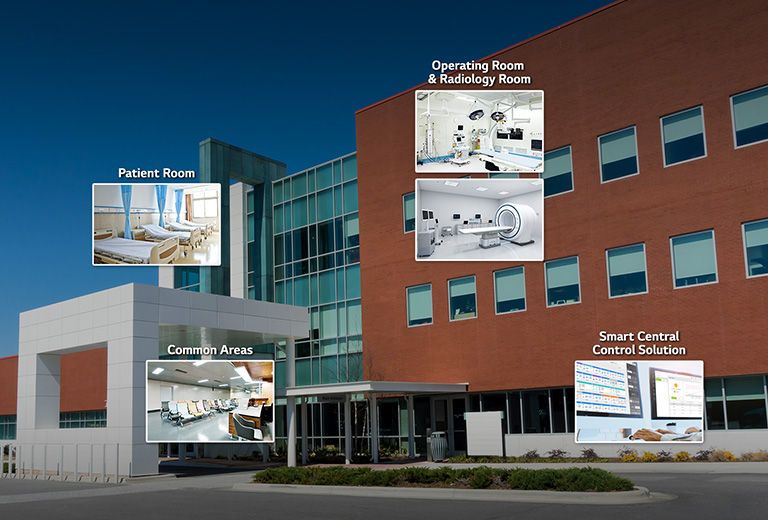 Four features in hospital: Patient room, common areas, operating room and radiology room, smart central control system.