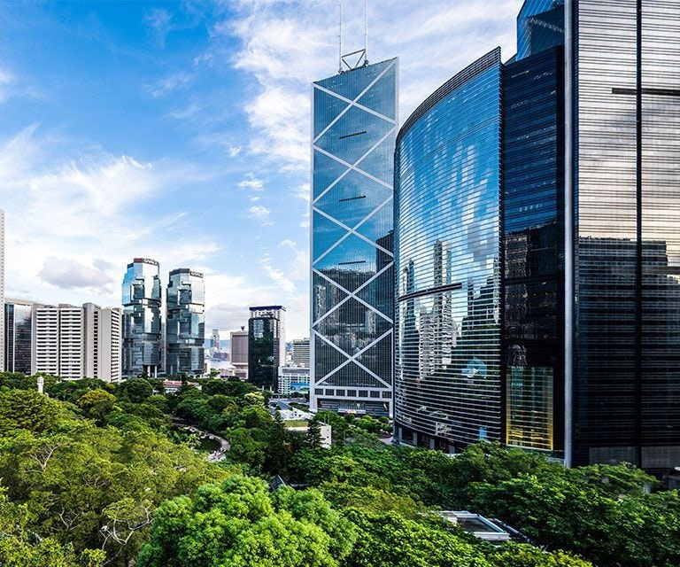 Panoramic view of a series of skyscrapers with reflective outer walls standing side by side next to a green park.