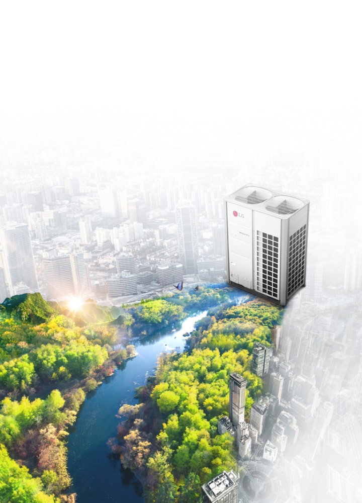 The image of the LG MULTI V 5 PRO shows the unit on a background blending a cityscape with a vibrant, green park.	