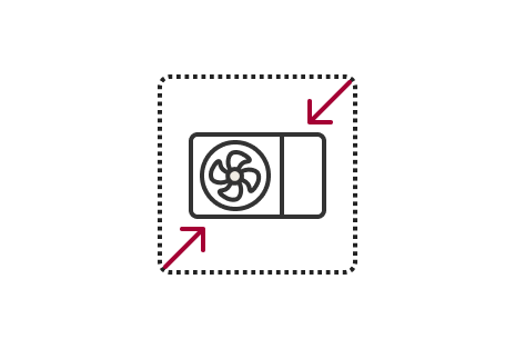 Icon representing Compact Size is depicted by an air conditioner within a dashed square, emphasized by red arrows pointing to its reduced dimensions.	