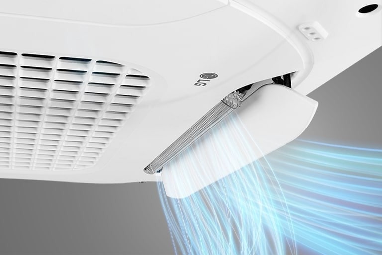 The LG Dual Vane Cassette unit emits a light blue airflow from a single vane, branching out in two distinct directions.