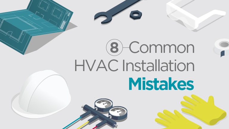 Common HVAC installation mistakes' text is displayed centrally, surrounded by an array of HVAC installation tools laid out on a white surface.