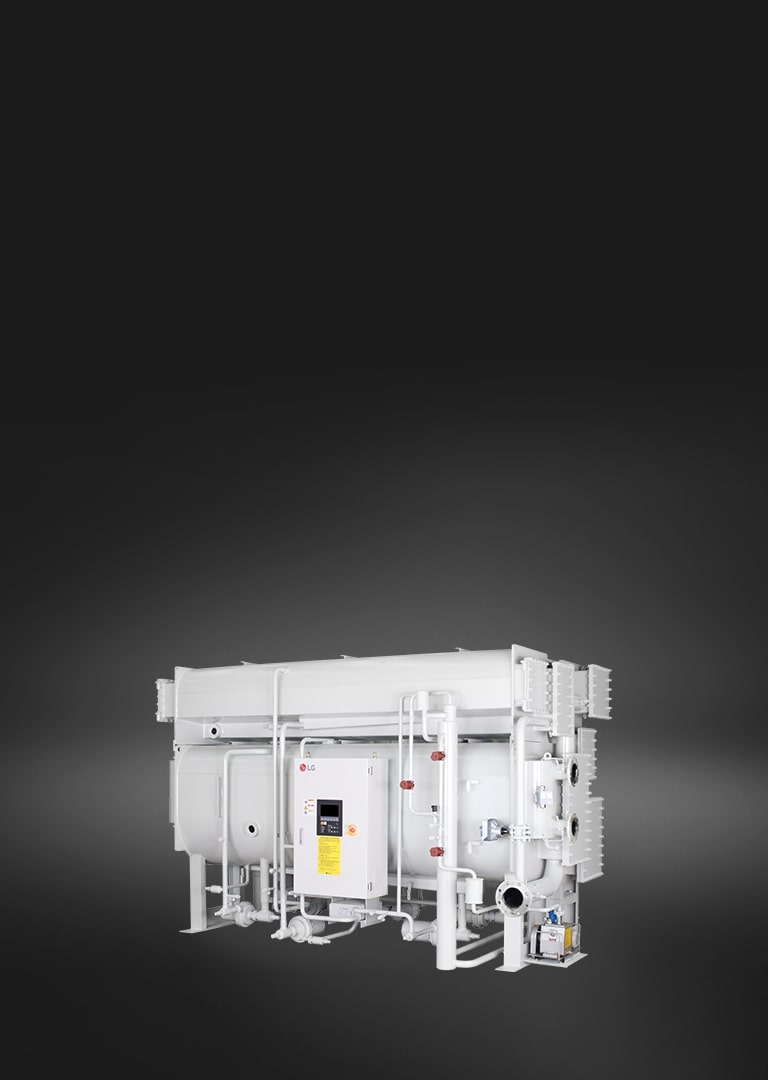LG Absorption Chiller Hot Water Type, showcased in a muted grey hue, consists of a series of linear and cylindrical pipe assemblies.
