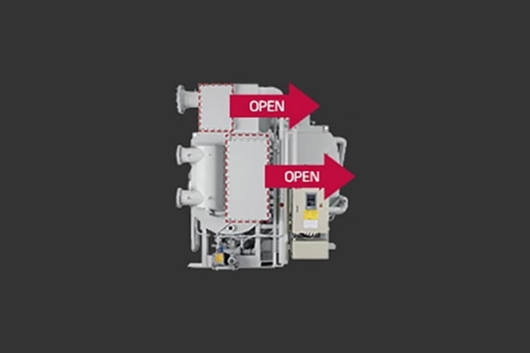 Front view of the LG absorption unit, two dotted-outline rectangles with red arrows suggest that these components can be opened.