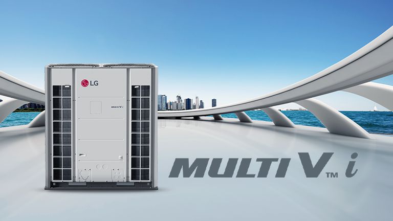 On an arching structure to the left, the LG Multi V i unit is showcased, the backdrop featuring tall buildings and sea.