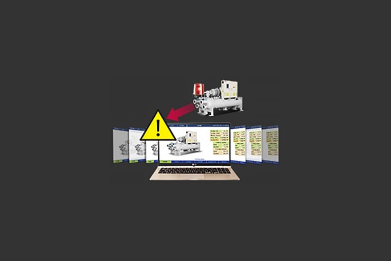 Laptop screen shows LG Air-cooled Screw Heat Pump Chiller and diagnosis data. Yellow triangle with exclamation mark placed at top left corner.