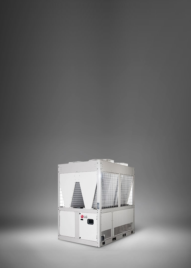 On display is an LG Air-cooled Inverter Scroll Chiller, characterized by a rectangular base and a triangular top structure, rendered in a white tone.