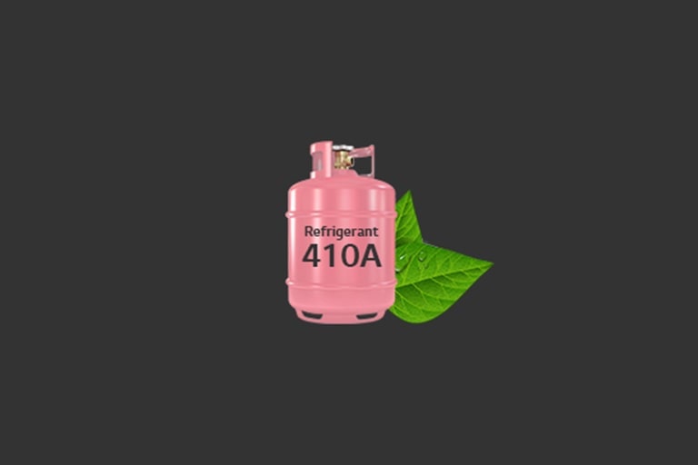 A pink propane gas tank is adorned with a 'Refrigerant 401A' label in the center. Two green leaves partially overlap on the back-right side of the tank.