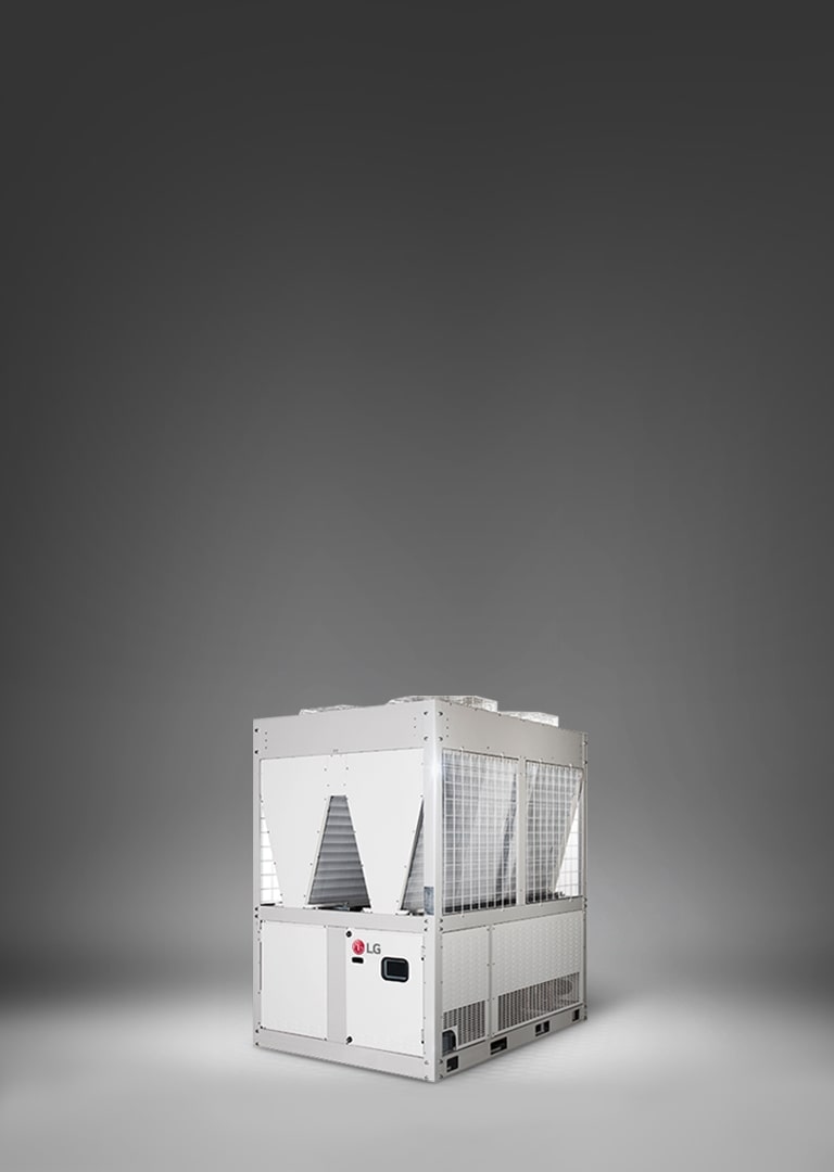 On display is an LG Air-cooled Inverter Scroll Heat Pump, characterized by a rectangular base and a triangular top structure, rendered in a white.