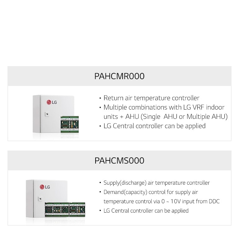 Rectangular LG PAHCMR000 returns air temperature controller and LG PAHCMS000 supplies air temperature controller, which features a 0-10V input from DDC.