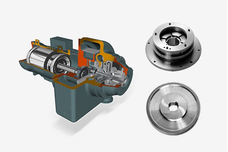 A quarter of the chiller component is exposed, revealing a complex interior filled with intricate metallic parts.