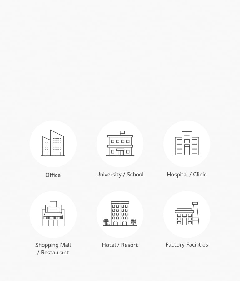 Outlines of an office, university/school, hospital/clinic, mall/restaurant, hotel, and factory are centrally placed in six respective white circles.