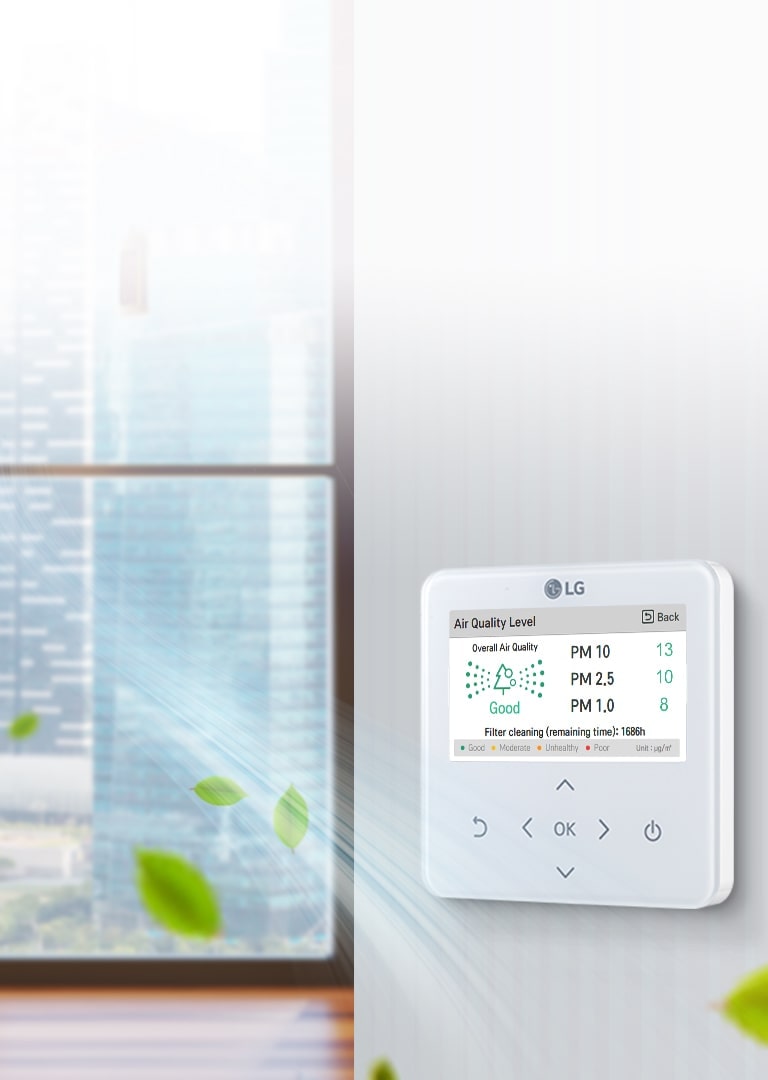 LG HVAC Individual Controller mounted on a sleek wall with a city view. It displays air quality readings, with floating leaves.