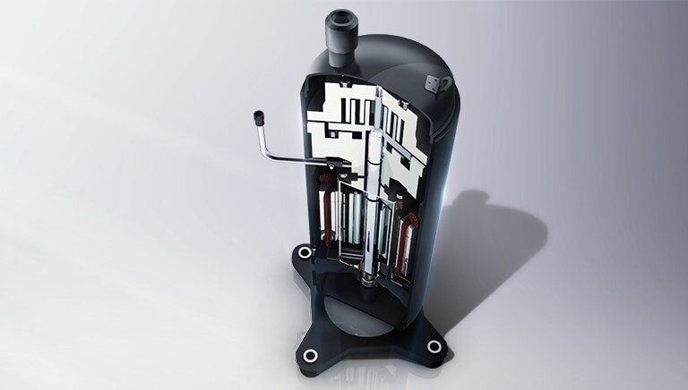 The fourth-generation LG variable frequency compressor features a black-coated base and central metal components with spiral motifs.