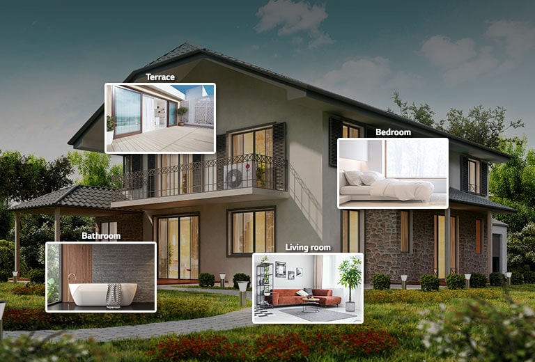 Four unique usage scenarios within a residence. The bathroom, terrace, living room, and bedroom.