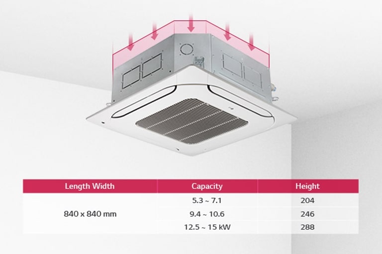 LG Ceiling-mounted cassette with a red outline on the top of the unit shows the slim and compact size. 