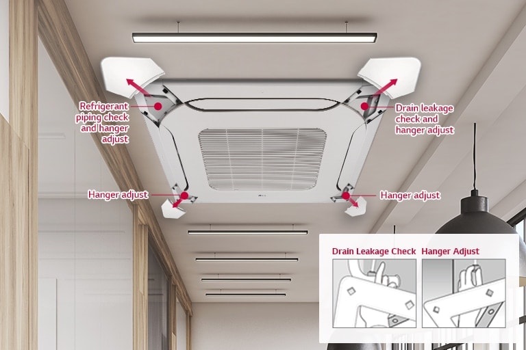 With four corner panels opened, the LG Ceiling-mounted unit reveals piping checks and hangers, leakage checks, and hanger adjustments on each side.