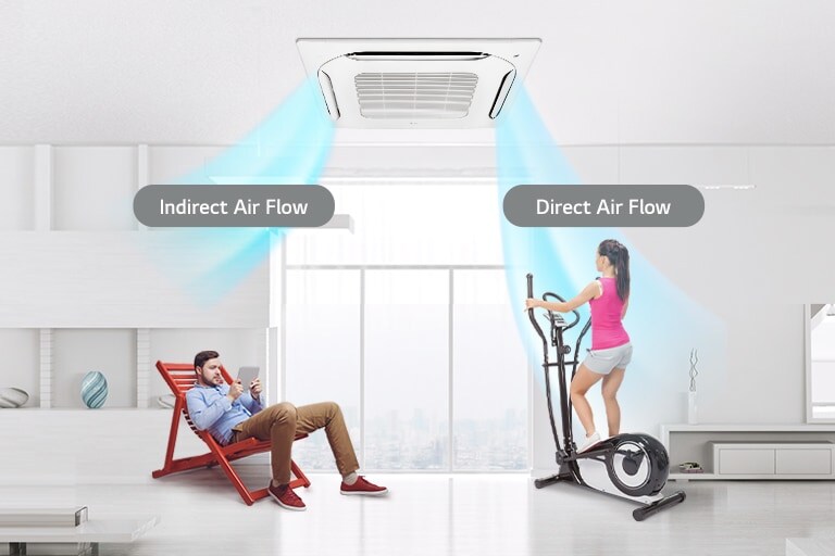 A man, relaxing with a book, receives indirect airflow on the left, while a woman exercises on the right under direct airflow.