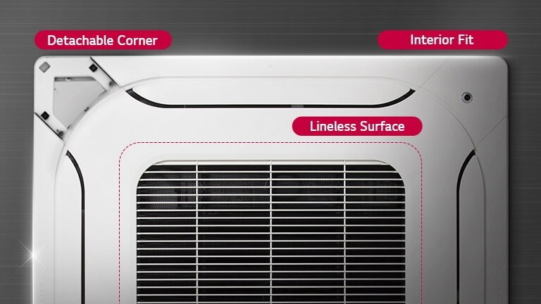 The bottom view of the LG ceiling unit with three key features: a detachable corner, interior fit, and a lineless surface for center ventilation.