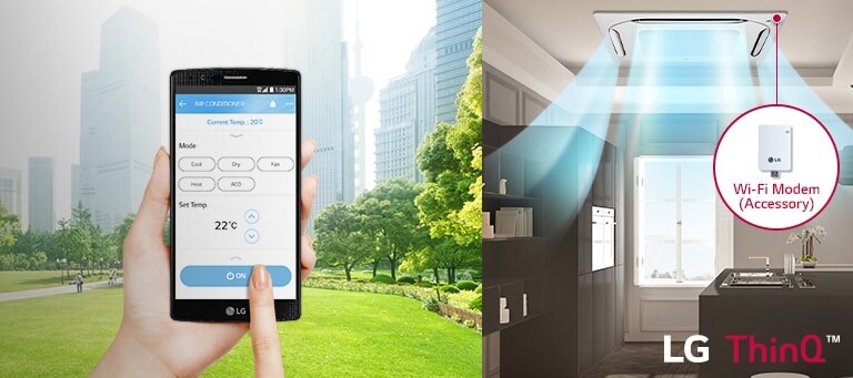 On the left, an individual manages the air conditioner using the ThinQ app. On the right, a Wi-Fi modem-equipped LG unit disperses air.