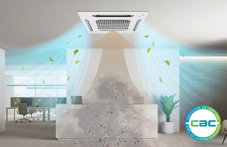 Square ceiling LG air conditioning(AC) unit draws in dirty air centrally, dispenses clean blue-colored air from four surrounding vents.