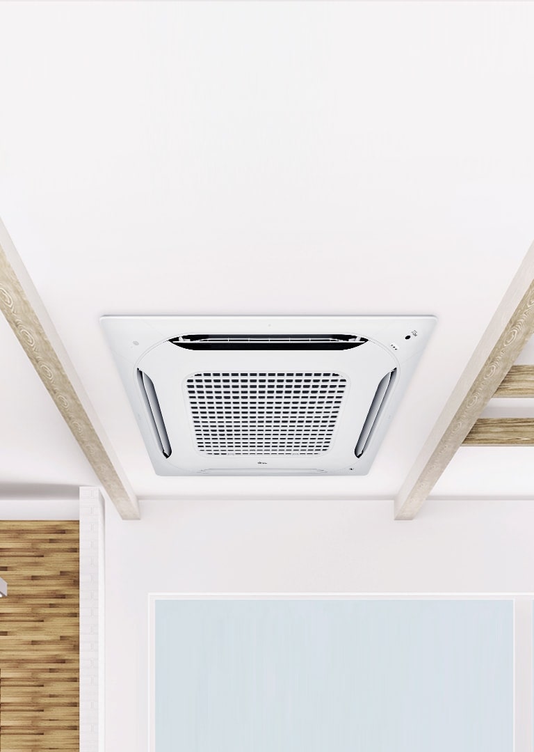 An LG Ceiling Mounted Cassette adorns a sprawling hallway, flanked by light bars and offset by a tastefully decorated red brick wall to the right.