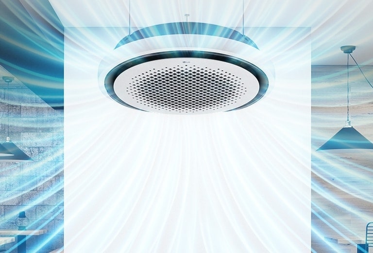 Ceiling-mounted LG Round Cassette disperses visible 360-degree airflow. Cone-shaped lights flank the room, landing symmetry.