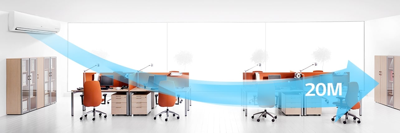 LG Wall Mounted Unit blows a visible blue airflow up to 20 meters into an office space furnished with orange chairs and desk separators.