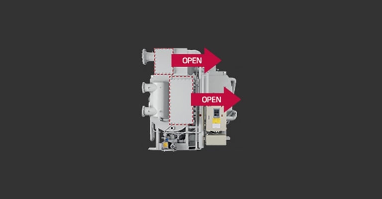 Front view of the LG Direct Fired Type Absorption Chiller, two dotted-outline rectangles with red arrows suggest that these components can be opened.